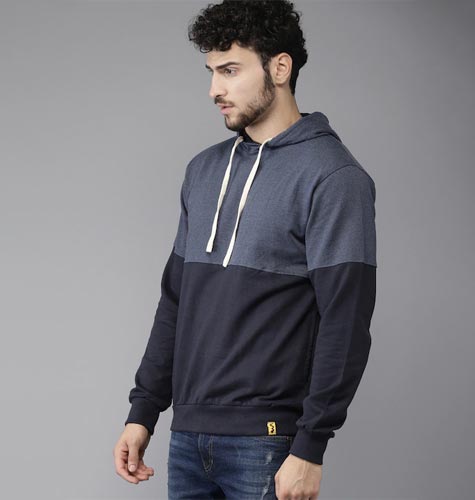 Men Navy Blue Colourblocked Hooded Sweatshirt